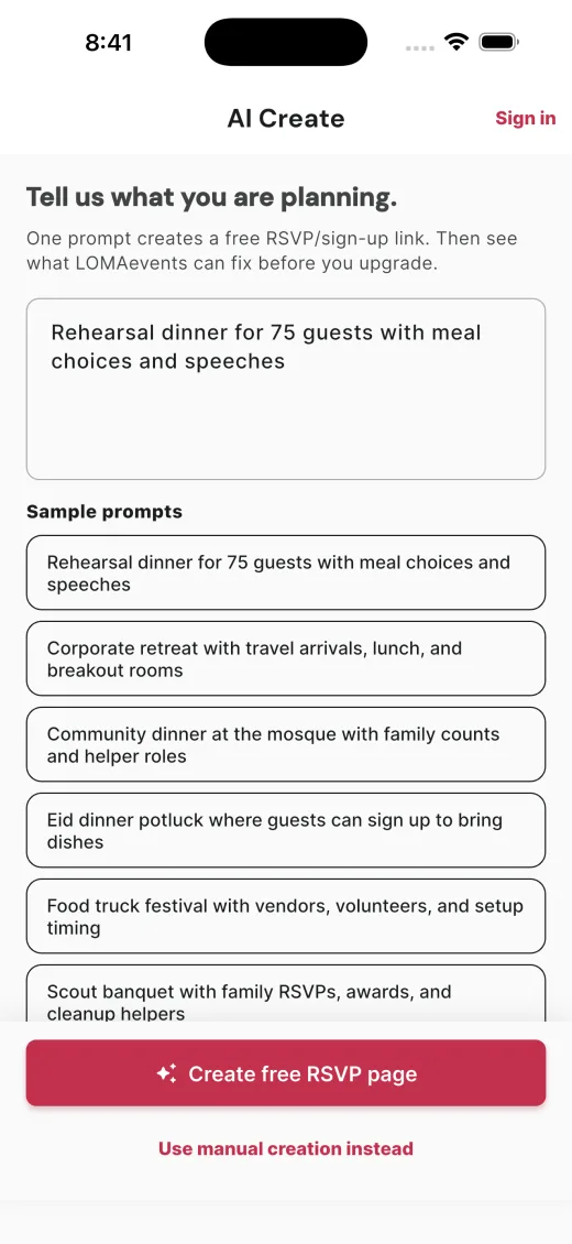 LOMAevents AI Create screen
